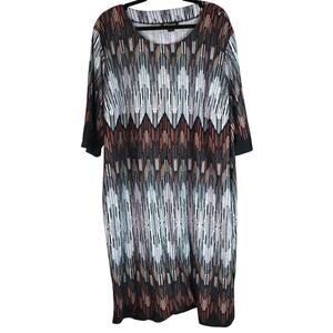 Midi Brown Black Sweater Dress Plus 3x Geometric 3/4 Sleeve Straight Stretch